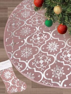 Rose Pink Metallic Snowflake Slim Tree  Skirt and Stocking Set 36 Inch New
